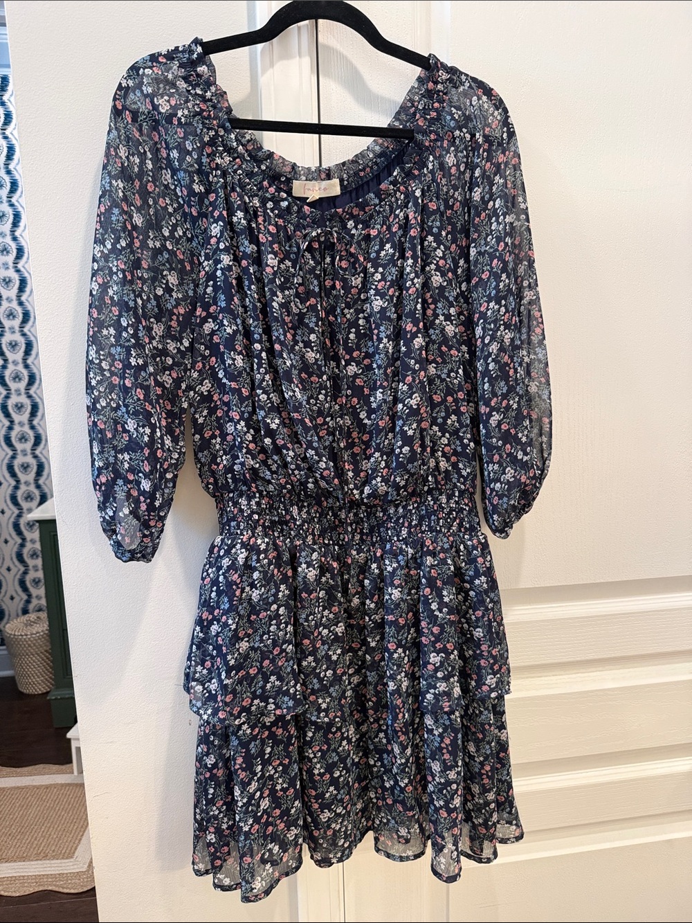 Fanco Navy Floral Smocked-Waist Tiered Dress